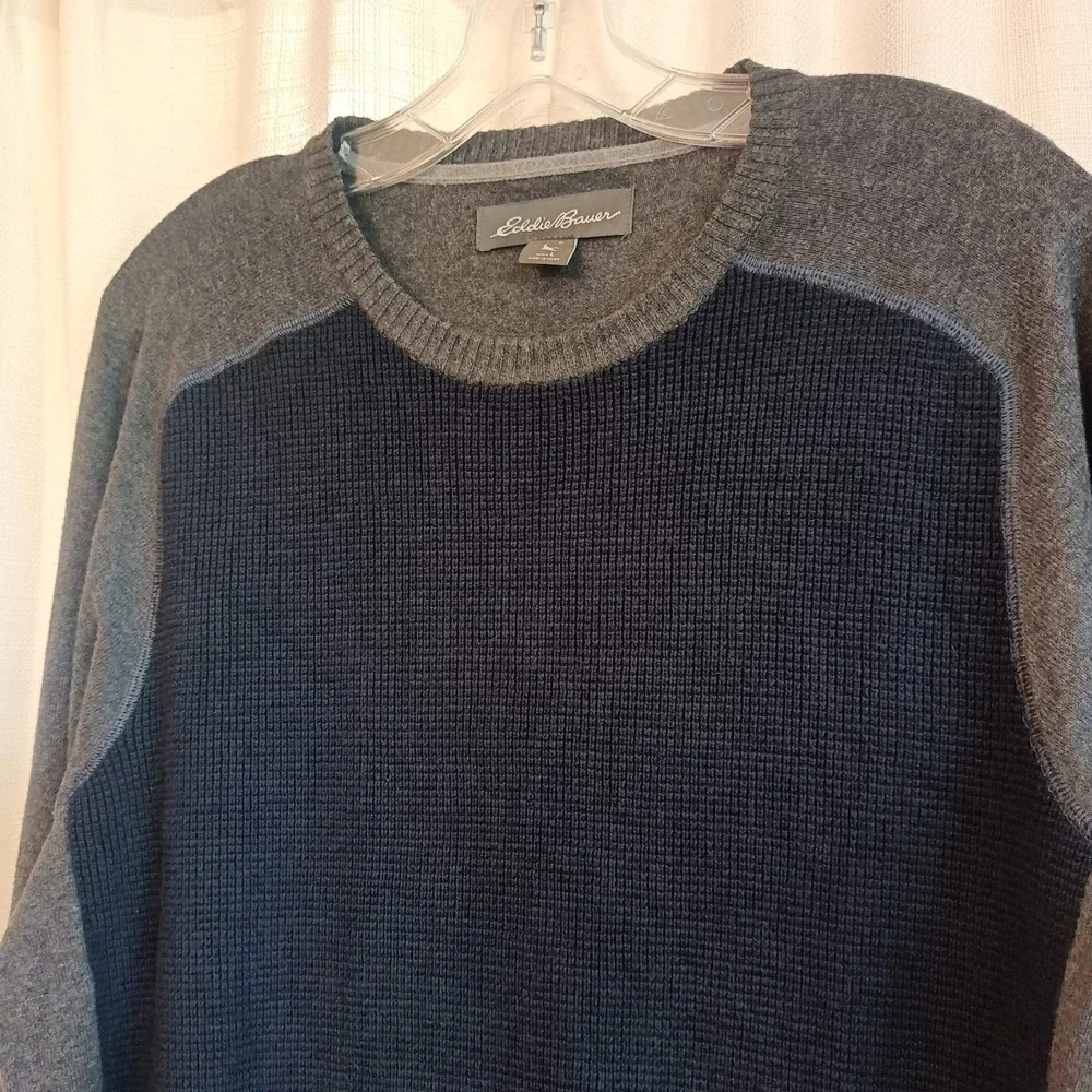 Eddie Bauer Men's L Merino Wool Navy Gray Crew Neck Sweater Waffle Front Ski - Picture 2 of 7